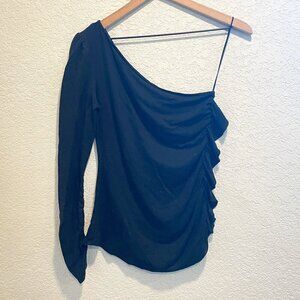 1 State Black One Sleeve Ruched Side Top Medium